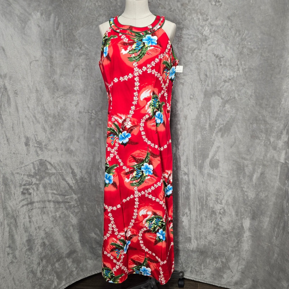 Carey Hawaii Maxi Dress Women L Red Floral Tropical Cotton Sleeveless Luau Tiki